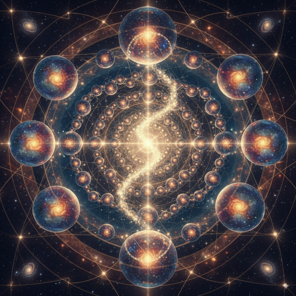 Timeline as a glowing thread passing through nested layers of universes